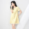 Summer French Style Elegant Round-neck Short Sleeve High Waist A-line Fashion Jacquard Casual Yellow Short Dress for Women