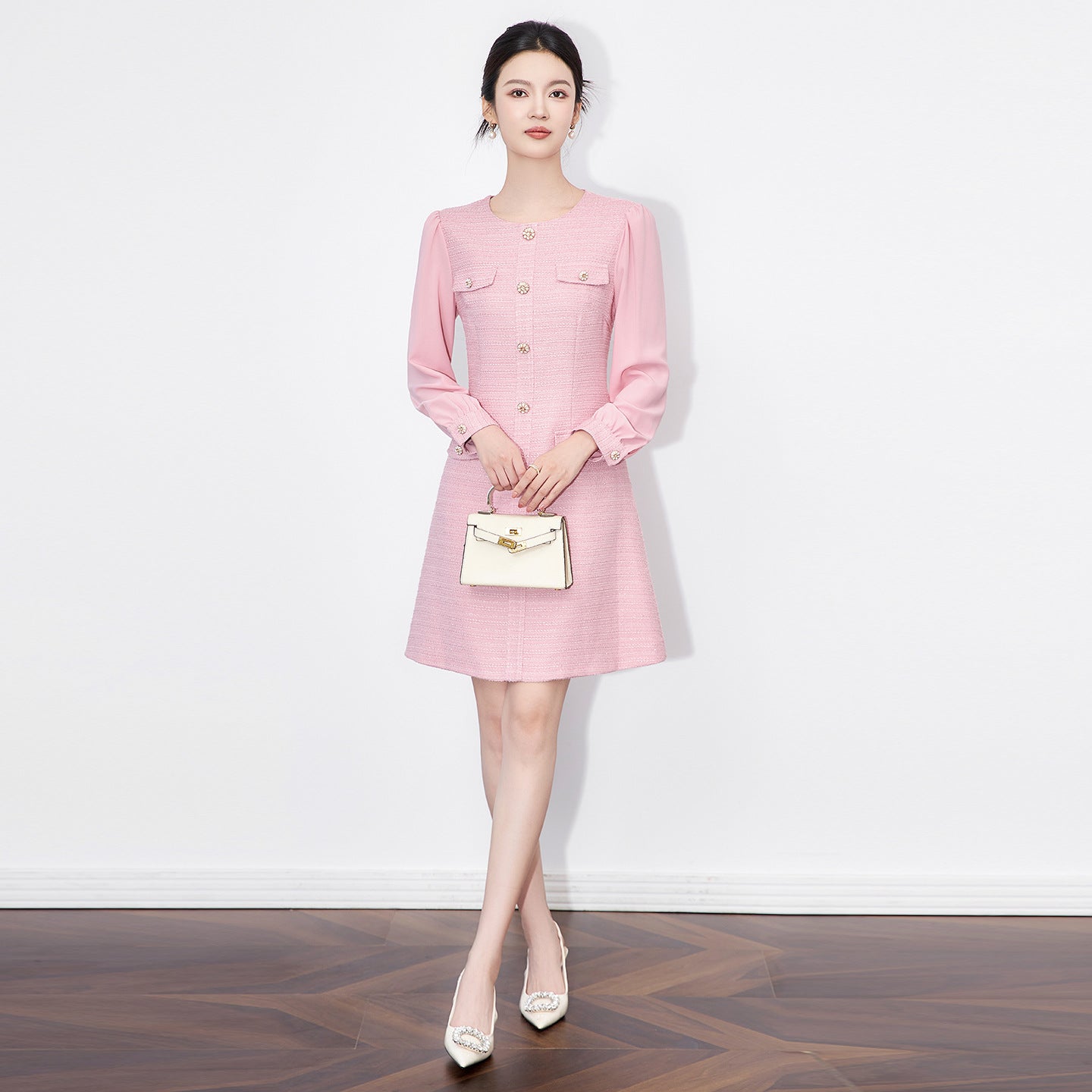 Elegant A- Line Dress Luxury Light French Style Waist-Cinching Woolen Skirt High Waist Long Sleeve round Neck Bubble Sleeve Dres