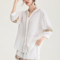 Women's Fashion Casual Loose Versatile Embroidered Shirt Shorts Set Comfortable Polyester Long Sleeve