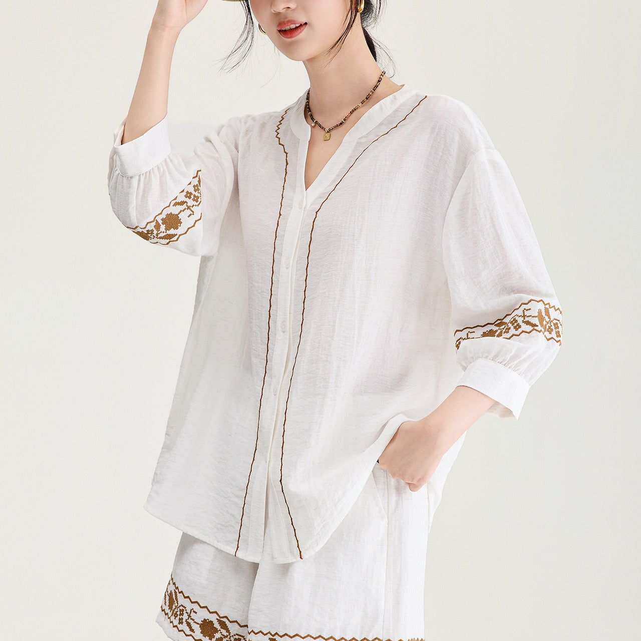 Women's Fashion Casual Loose Versatile Embroidered Shirt Shorts Set Comfortable Polyester Long Sleeve