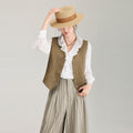 Linen Short Sleeveless V-Neck Women's Vest Spring Summer Single Button Closure Slim Fit Fashionable Waterdrop Neck Top