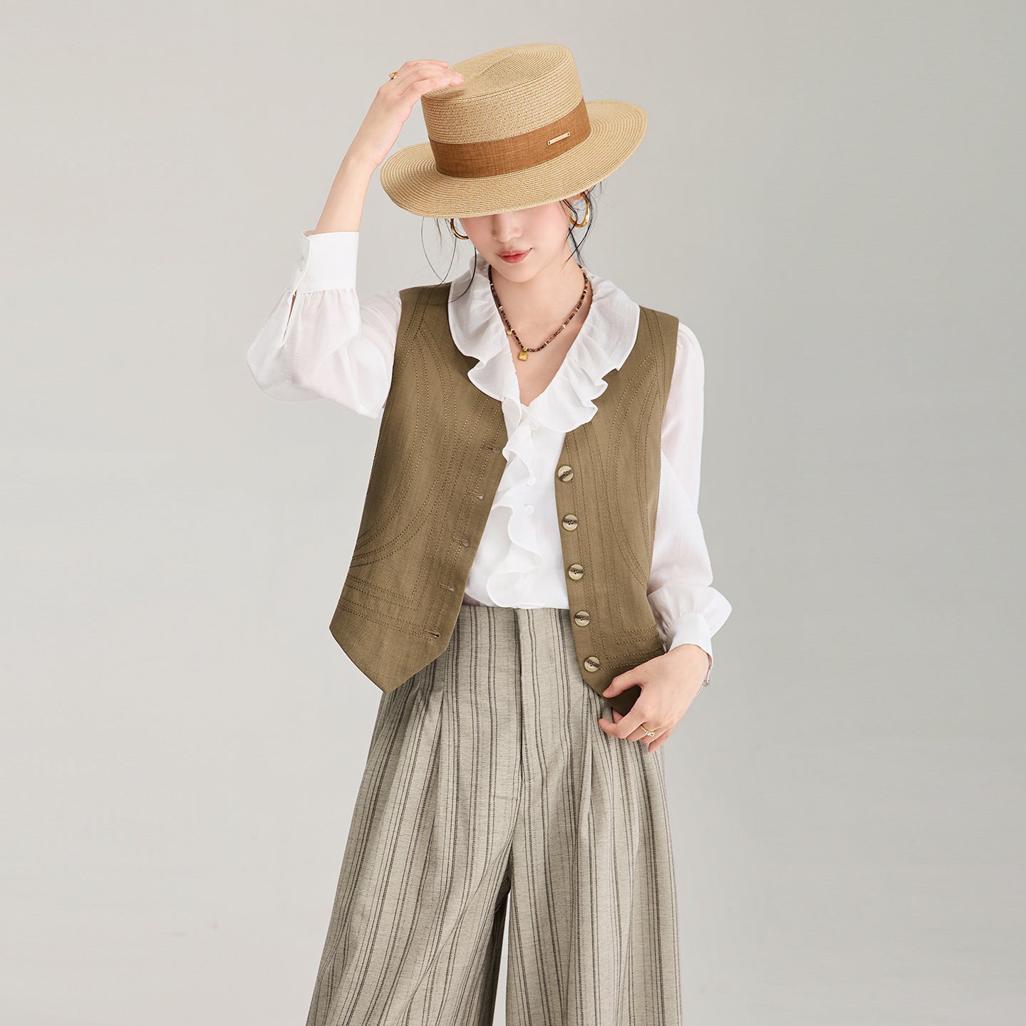 Linen Short Sleeveless V-Neck Women's Vest Spring Summer Single Button Closure Slim Fit Fashionable Waterdrop Neck Top
