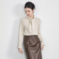 Women Blouse Autumn Elegant Office Chiffon Shirt with Bow Tie Neck Ruffle Pleated Design Top for Lady