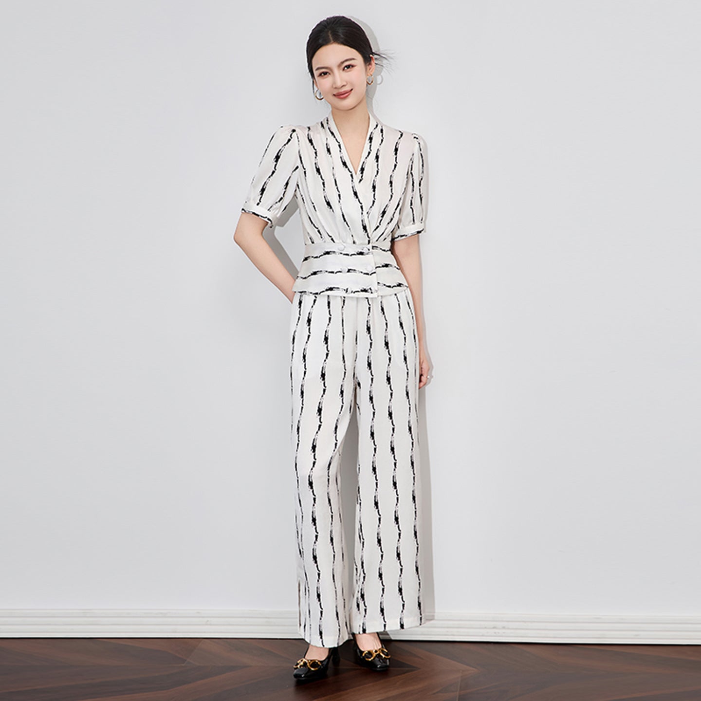 Striped Jumpsuits & Rompers for Women V Neck Short Sleeve High Waisted Elegant Female White and Black Casual Overalls