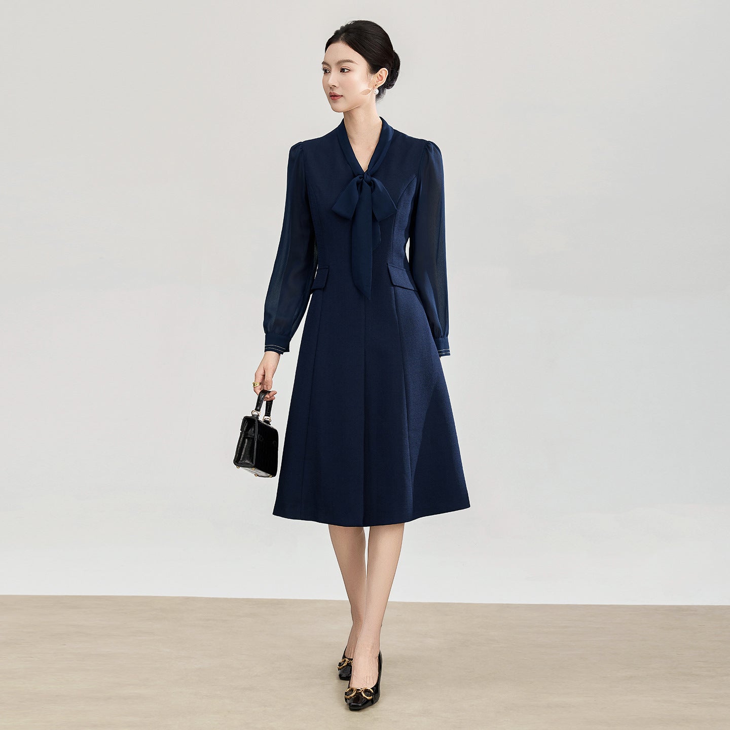 Spring Commute Women's Dress Chiffon Waist Cinching Sash Floating Collar Long Sleeve Zipper Back H-Line Thick Chiffon Dress