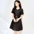 Summer Black Nylon Dress Women O-neck Short Sleeve Zipper High Waist Bow Belt Pleated Loose Sweet Dresses