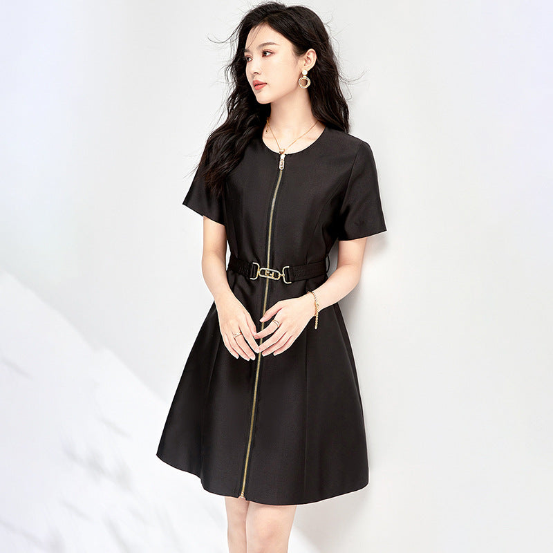 Summer Black Nylon Dress Women O-neck Short Sleeve Zipper High Waist Bow Belt Pleated Loose Sweet Dresses