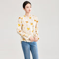 Real Silk Print Tshirt, Women Twill Silk O-neck Full Sleeve Loose Shirt, Commuting Tops