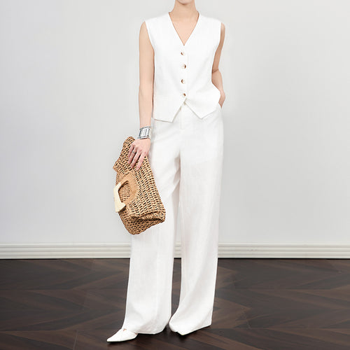 Autumn White Linen Two Piece Set For Women 2023 Fashion Sleeveless Tank Top New In Matching High Waist Wide Pants Set