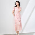 French Style Beaded Neckline Slimming Embroidered Dress Asymmetrical Hem Splicing Midi Dress Elegant Commute Style