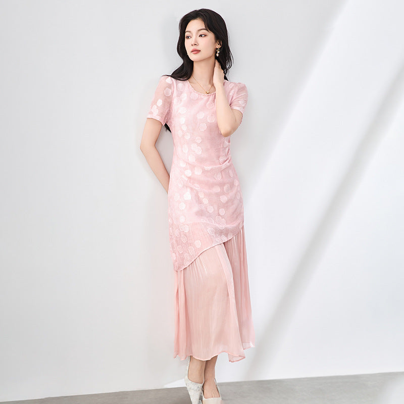 French Style Beaded Neckline Slimming Embroidered Dress Asymmetrical Hem Splicing Midi Dress Elegant Commute Style