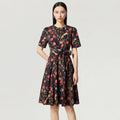 Fashionable Summer Print Chiffon Short Sleeve A-Line Dress Elegant Commute Style Women's Dress Midi Skirt round Neckline Belt