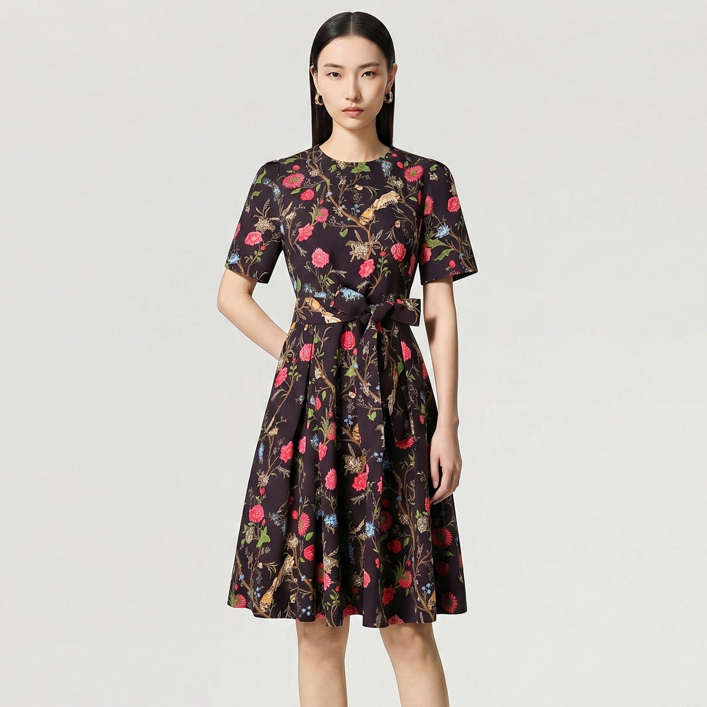 Fashionable Summer Print Chiffon Short Sleeve A-Line Dress Elegant Commute Style Women's Dress Midi Skirt round Neckline Belt