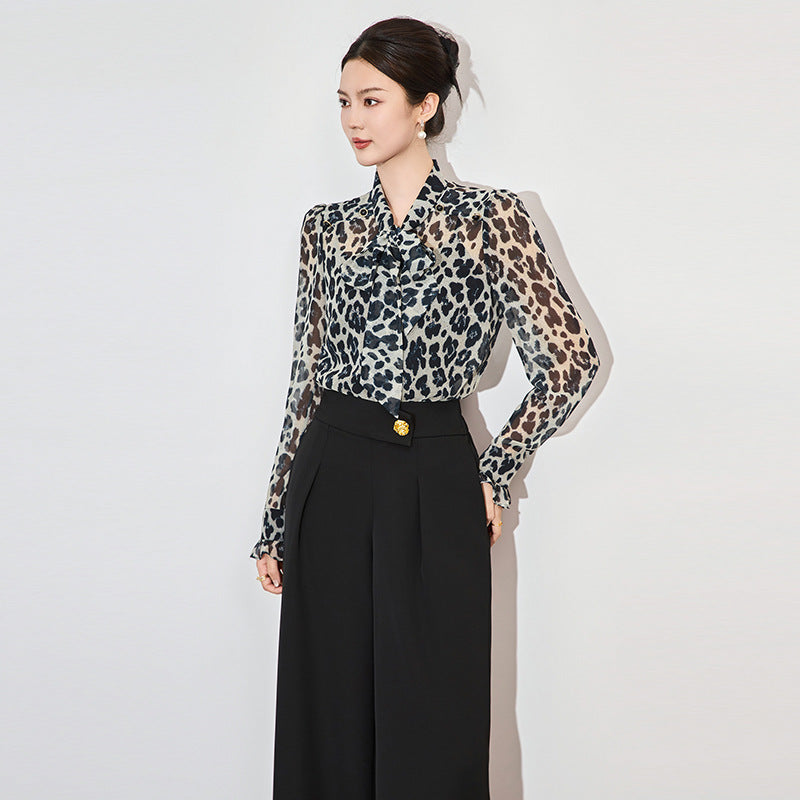 French Vintage Print Chiffon Tie Neck Women's Shirt Fashionable Long Sleeve Spring Style Elegant Commute City Chic Polyester
