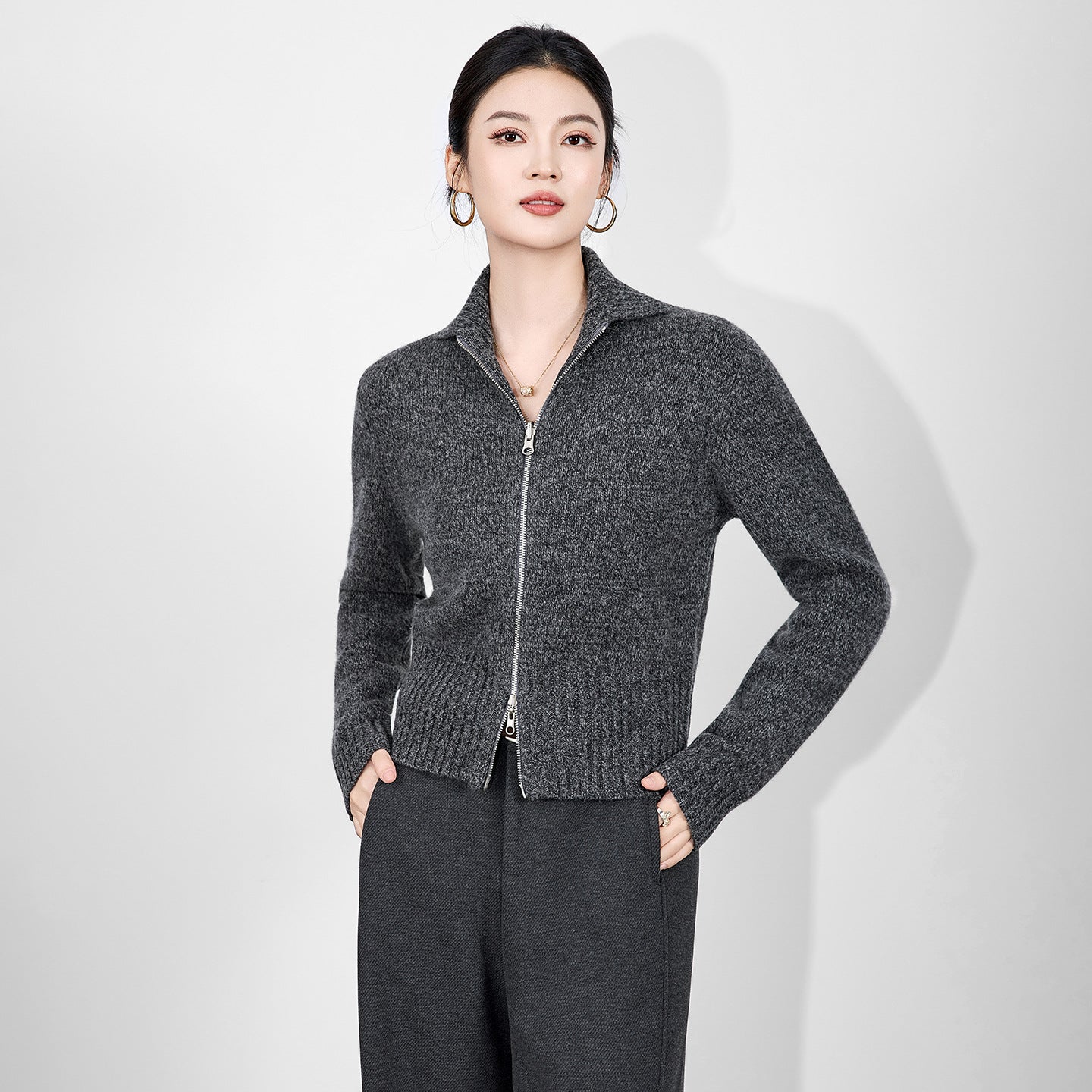 Elegant Cardigans Women Turn-down Collar 100% Merino Wool Zipper Knitted Sweaters Tops Long Sleeve Woman Short Jacket
