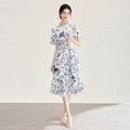 Fashionable Printed Boat Flower Midi Dress Short Sleeve Belt Casual Polyester Fiber A-Line Skirt Single Button City Commute