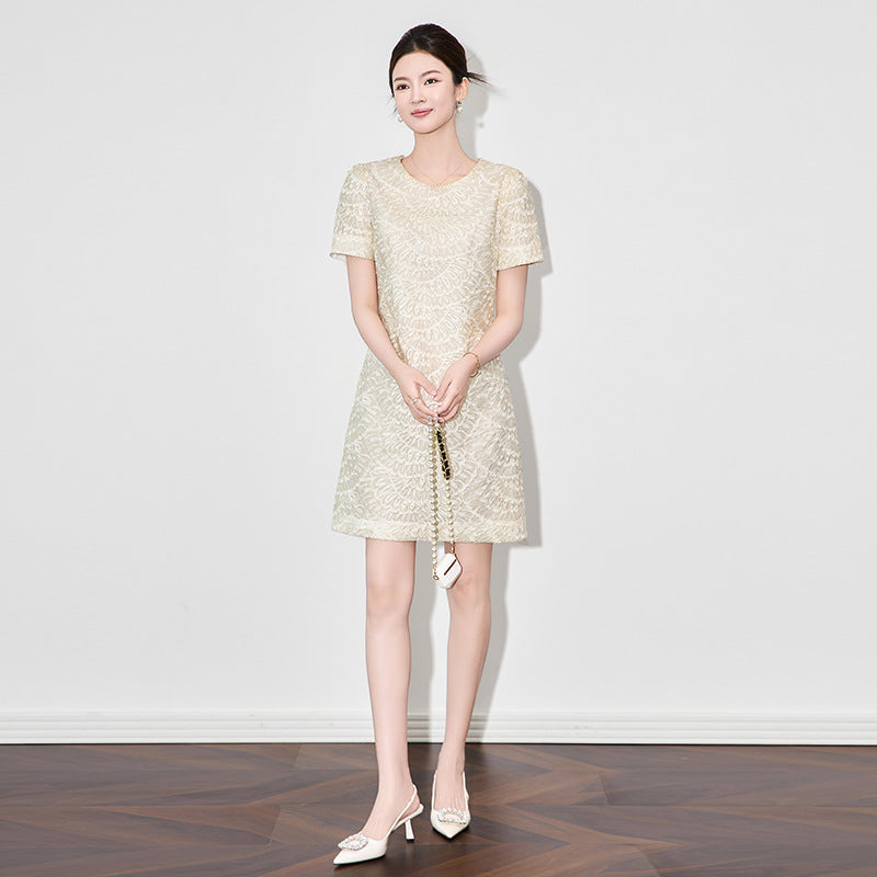 French Elegant Fashion Socialite Jacquard Embroidered Dresses Crew Neck Short Sleeve High Waist A-line Dress Women's Summer
