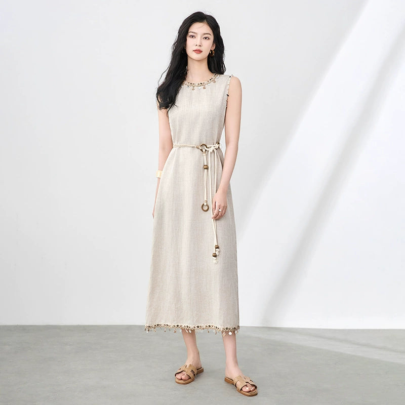 Handmade Shell V-neck Embroidered round Neck Vest Skirt Elegant Bohemian Style Midi A- line Dress Cotton Blend Summer Fashion
