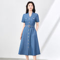 Vintage Denim Shirt Dress Female Summer New Korean Fashion Slim Short Sleeve A-line Dress With Belt Casual Women's Clothing