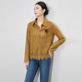 Elegant Hollow out Embroidery Lace Shirt Base Layer Top Slimming 3D Texture Soft Nylon V-Neck Long Sleeve French Style Women