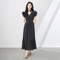 New V-neck Floral Print Chiffon Dress High Waist Short Sleeve Summer Women's Black Long Dress Retro Style A-line Skirt
