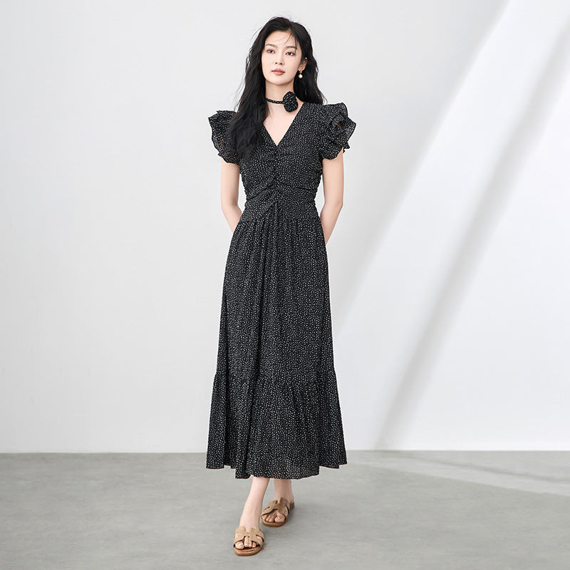 New V-neck Floral Print Chiffon Dress High Waist Short Sleeve Summer Women's Black Long Dress Retro Style A-line Skirt