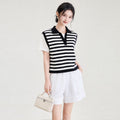 New Summer Striped Knitwear Loose Casual Thin Short Sleeve Women's Turn-down Collar Color Block T-shirt Breathable Top