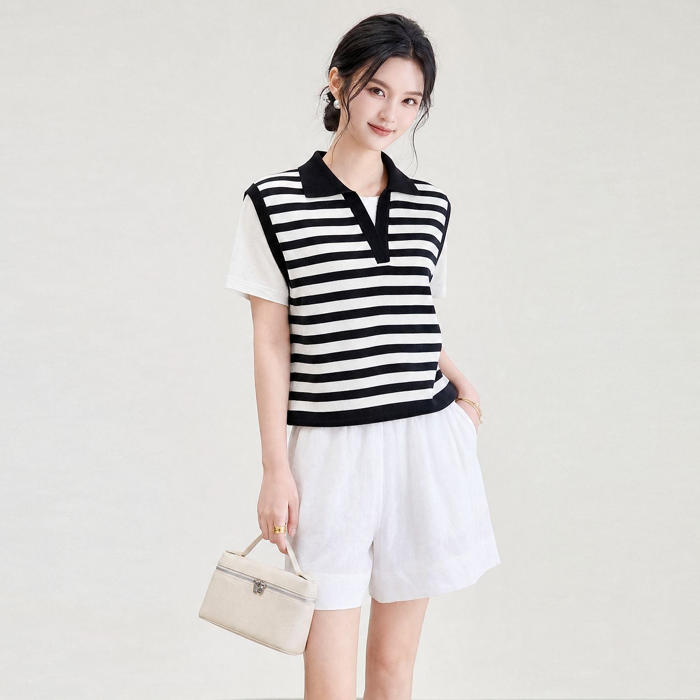 New Summer Striped Knitwear Loose Casual Thin Short Sleeve Women's Turn-down Collar Color Block T-shirt Breathable Top