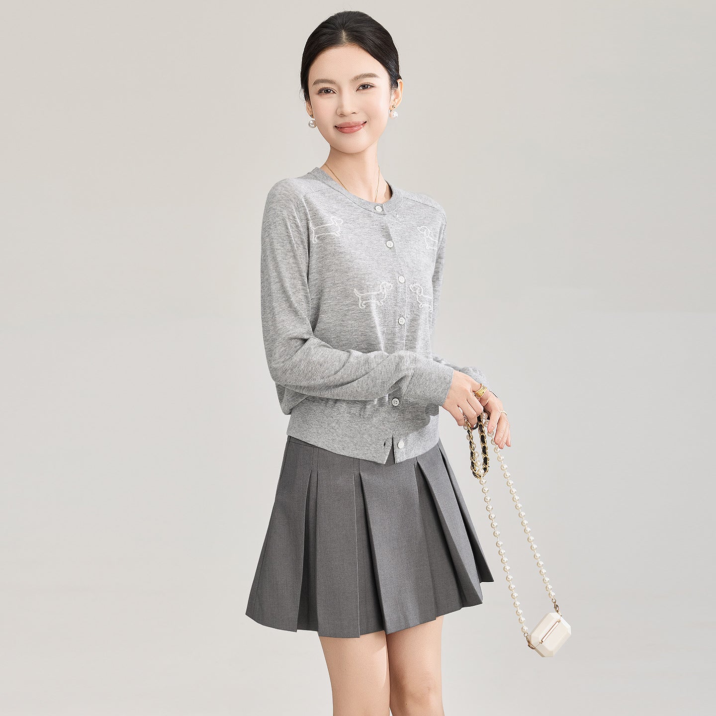 Wool Blending Gray White Black O-neck Single Breasted Long Sleeve Women Cardigan Sweaters
