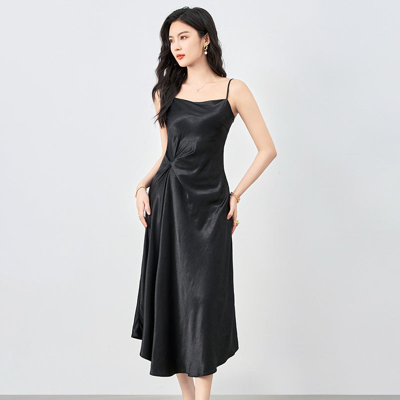 Elegant Satin Wrap Dress with Knot Detail High Waist Midi Skirt A- Line Silhouette Sleeveless Chinoiserie Style for Party Wear