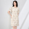 Elegant French Style Short Sleeve A- Line Dress Embroidered Heavy Work Fashion Commute Slimming New Model Polyester Blend