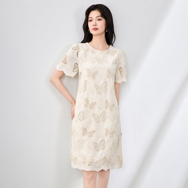 Elegant French Style Short Sleeve A- Line Dress Embroidered Heavy Work Fashion Commute Slimming New Model Polyester Blend
