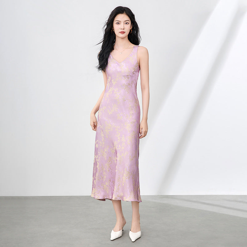 New Blue Bamboo Jacquard Slim Viscose Slip Dress Luxury Elegant Bodycon Maxi Dress Fashion Formal Gown