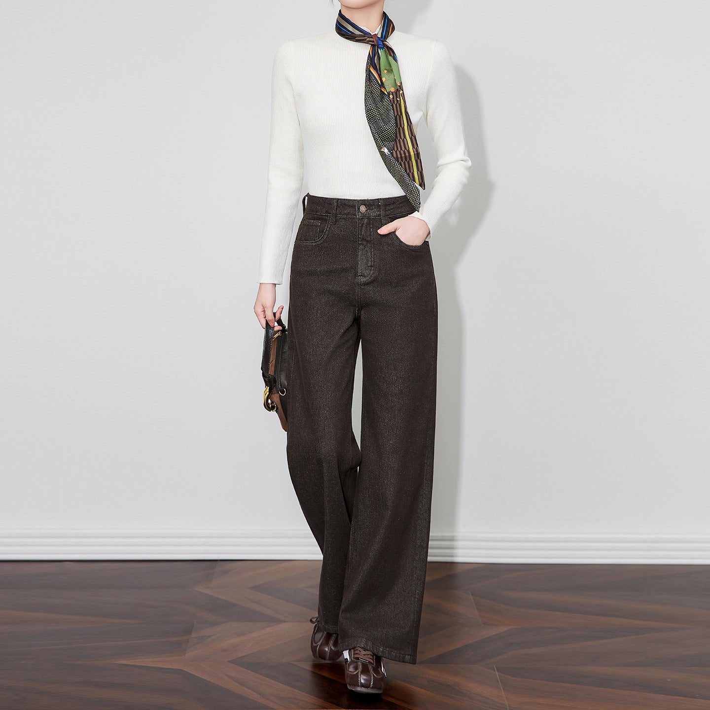 High Waist Coffee Pocket Casual Long Wide Leg Jeans Pants New Trousers Women Fashion Tide Spring Autumn
