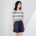 Summer Linen Two-Tone Round Neck Button-Down Knitted Short-Sleeve Cardigan With Hollow-Out Breathable Top For Women