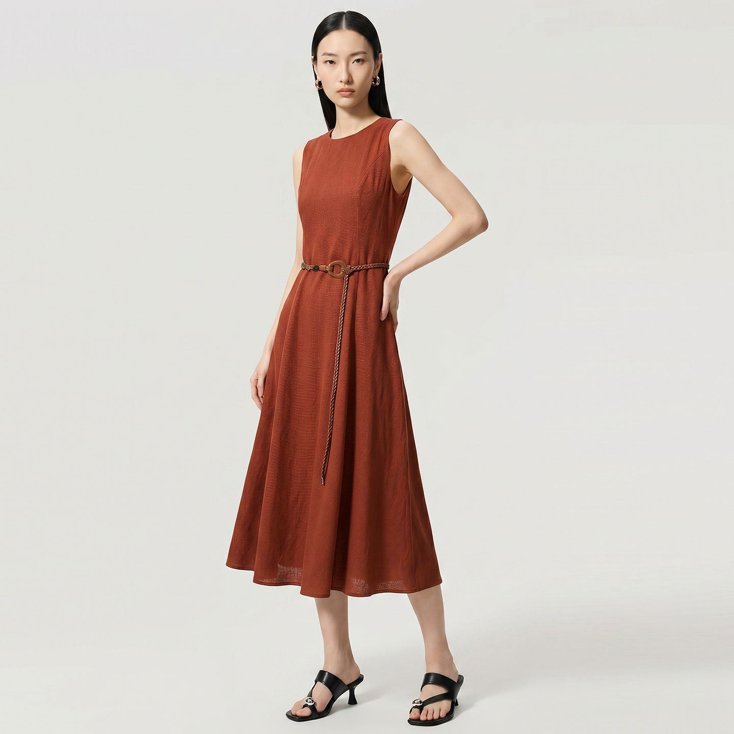 A-Line Dress round Neck Sleeveless Waist-Cinched Women's Dress Spring Summer New Style Comfortable Breathable Polyes