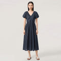 French Style Holiday V-neck Bubble Sleeve Dress Women's Long A-line Knitted Dress Fresh Sweet Style Short Sleeve High Waist