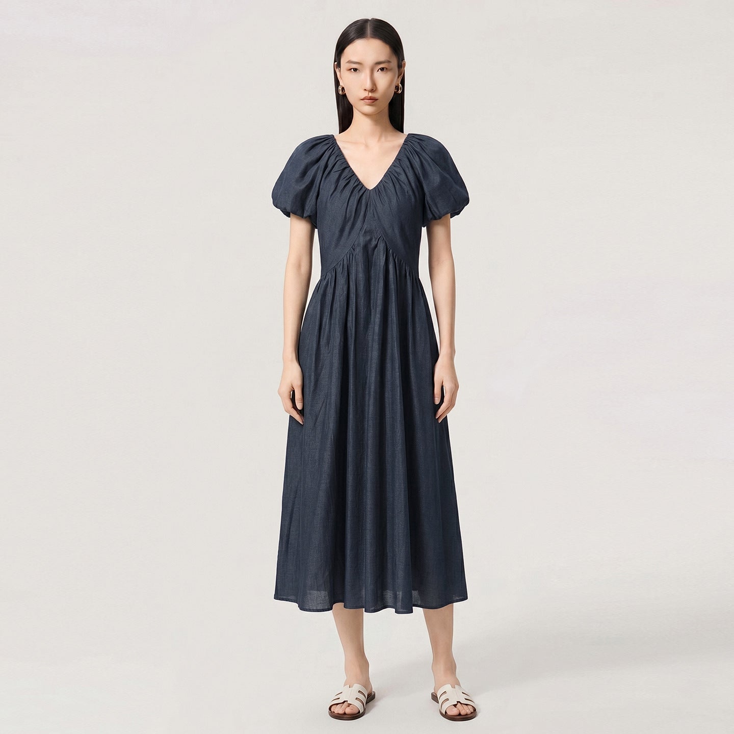 French Style Holiday V-neck Bubble Sleeve Dress Women's Long A-line Knitted Dress Fresh Sweet Style Short Sleeve High Waist