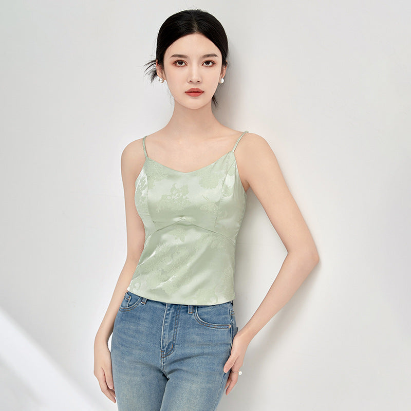 Summer Women Satin Jacquard Camisole V Neck Spaghetti Strap Crop Top Elegant Casual Slim Fit Basic Layering Vest