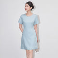 Silk Wrap Waist Loose Fit Midi Dress Elegant Summer Fashion Ladies Dress Short Sleeve round Neck A- Line Skirt Stylish Trendy
