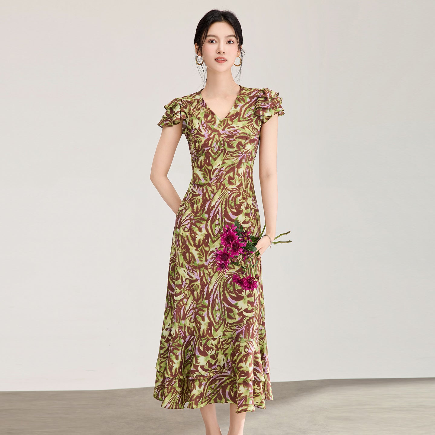 Romantic Oil Painting Art Print Silk Floral Dress Spring Summer New Lotus Leaf Short Sleeve High Waist A-Line V-Neck Dress
