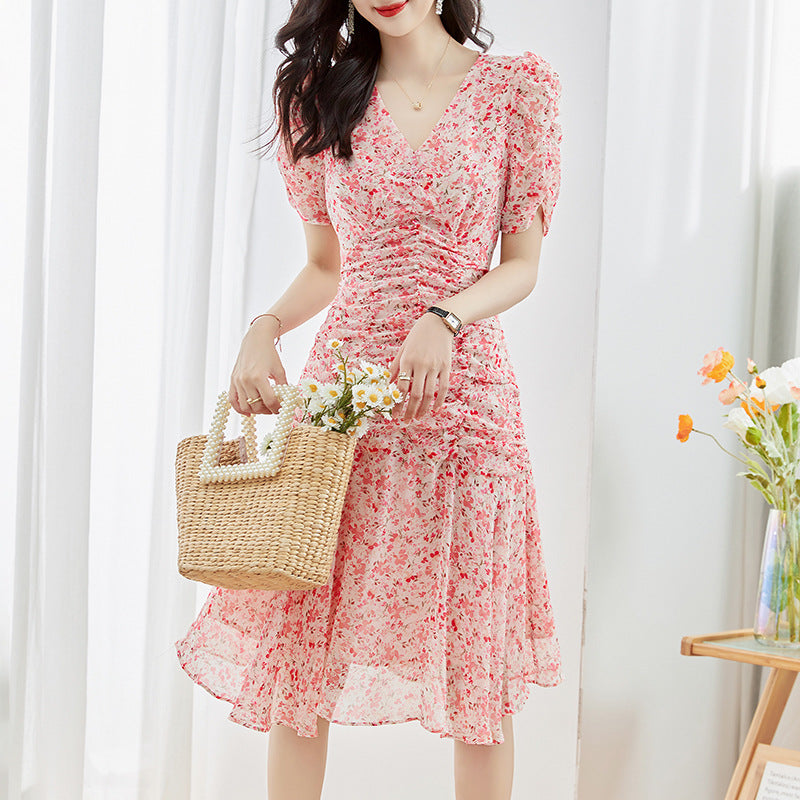 Pink Floral Print Dress with Bubble Sleeves V-Neck Gentle Splicing Fairy Skirt Style Summer New Arrival Women's Dress