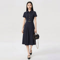 Elegant Simple French Style Short Sleeve Dress with Stand Collar Waist Cinching Midi A- Line Skirt Polyester Fiber Vintage