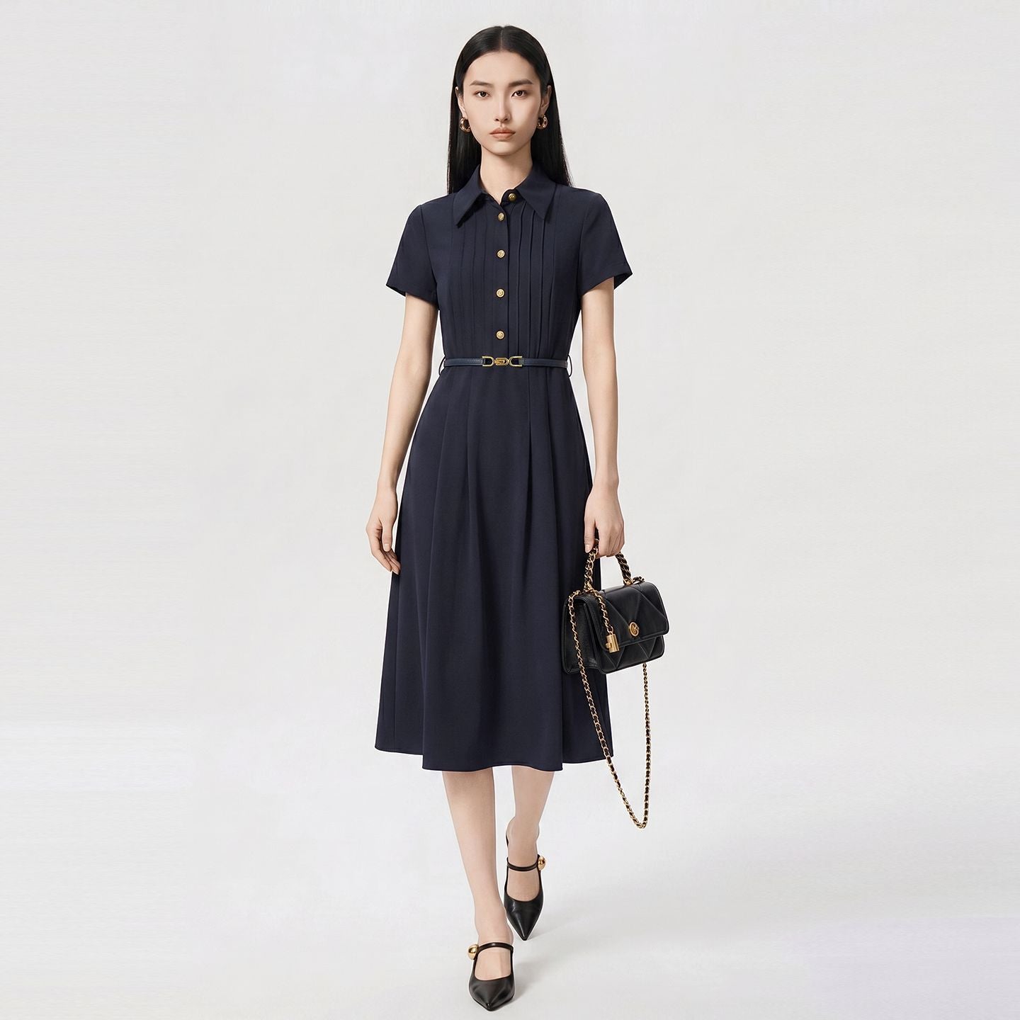 Elegant Simple French Style Short Sleeve Dress with Stand Collar Waist Cinching Midi A- Line Skirt Polyester Fiber Vintage