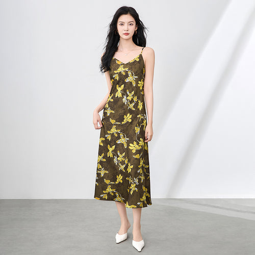 Elegant Floral Print Silk V-neck Halter Dress Classy Summer Long Gown Polyester Fabric No-sleeve Midi Dress for Women