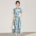 100% Cotton Women Shirt Dress Floral Printed Turn-down Collar Short Sleeve Single Breasted Casual Female Midi Robe