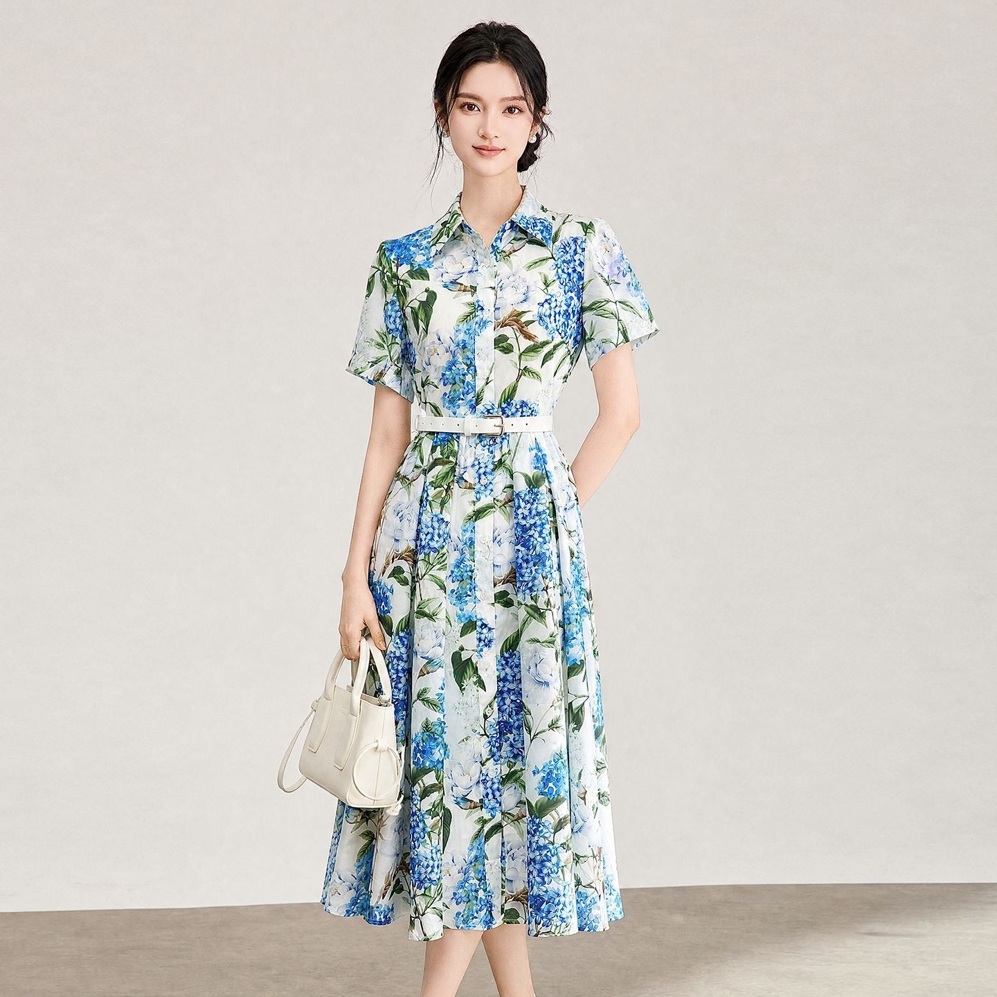 100% Cotton Women Shirt Dress Floral Printed Turn-down Collar Short Sleeve Single Breasted Casual Female Midi Robe