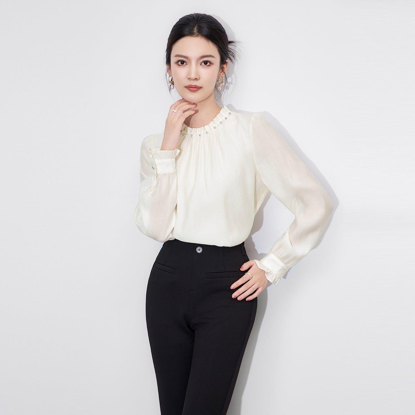 Elegant Heavy Shirt Collar Top with Wood Grain Edge Early Autumn New Style Premium Feel for Fashionable Women
