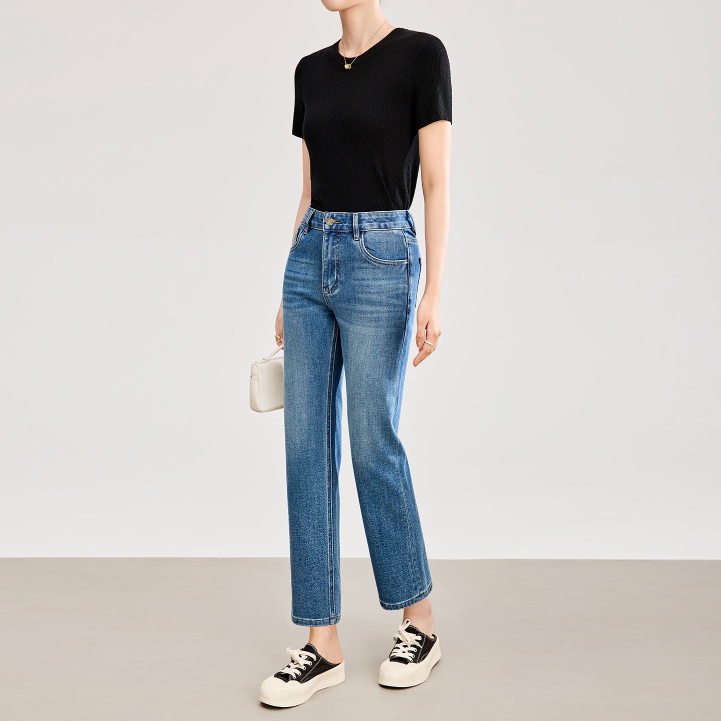 Summer Women's Casual High Waist Silk Denim Knife Edge Jeans Fashionable Washed out Look Comfortable Cotton Blend