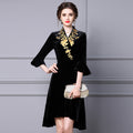 New Autumn Waist-Fitted Dress High-End Embroidery Irregular Ruffle Edge V-Neck Pleuche Skirt Fashionable Women's Wear